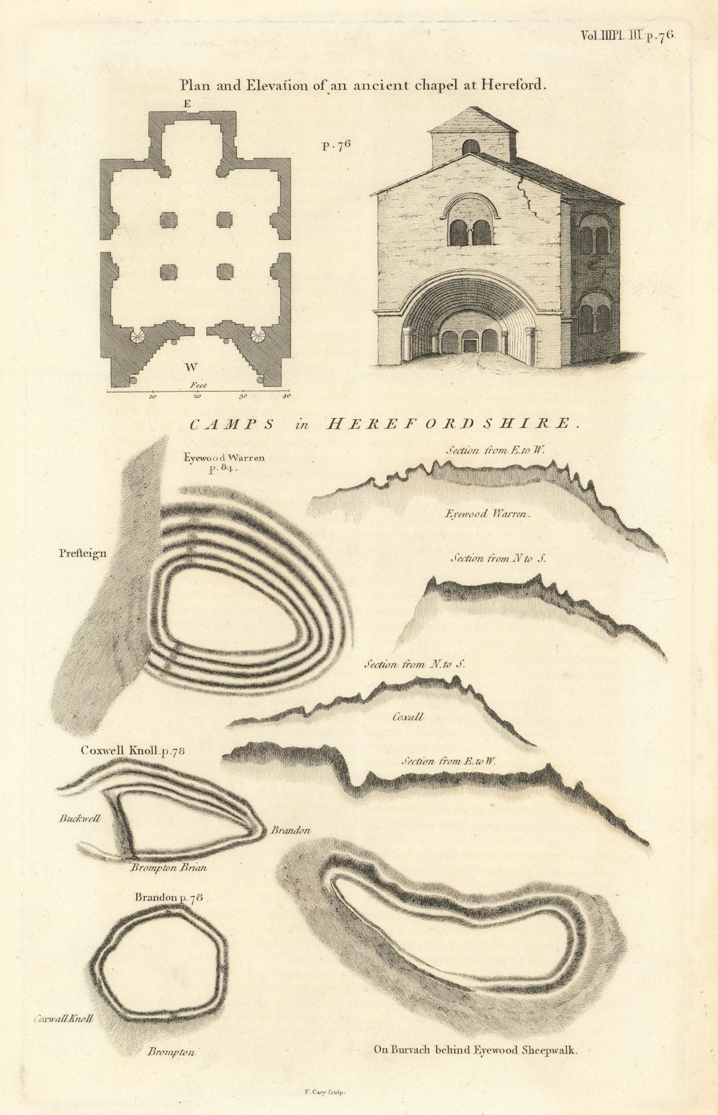 Herefordshire Iron Age/Roman camps Brandon Coxwell Knoll Eyewood Warren 1806 map